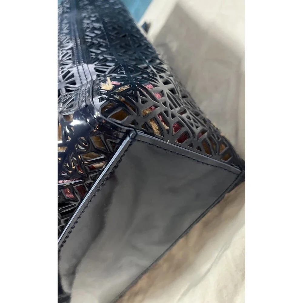 Tory Burch Navy Laser Cut PVC Patent Tote Shopper Beach Bag Geometric Large